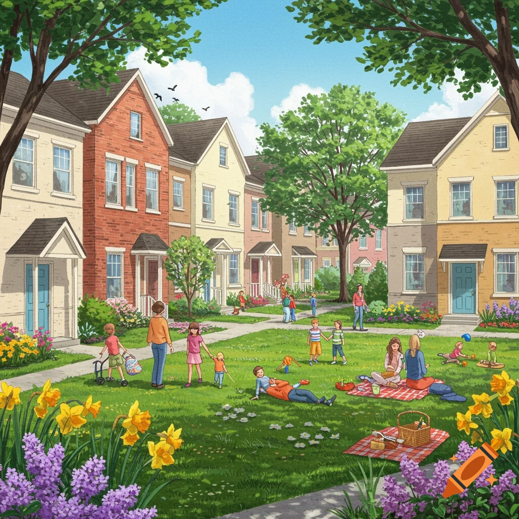 Families are enjoying a park in a neighborhood with townhomes.