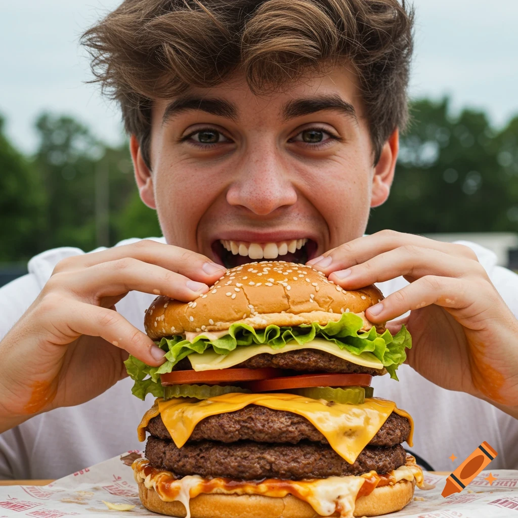 Person about to take a bite of a very large double cheeseburger.