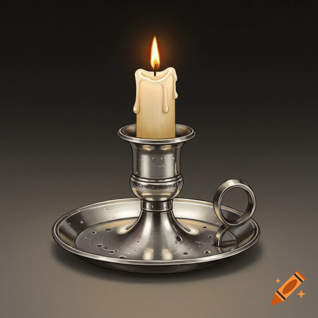 A lit candle in a silver finger candle holder.