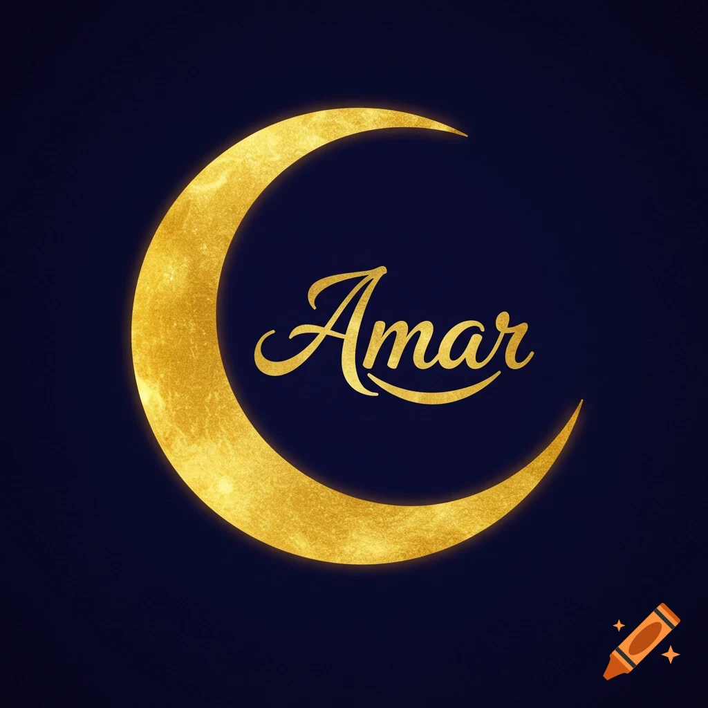 Golden crescent moon with the name Amar in golden script font on a dark blue background.