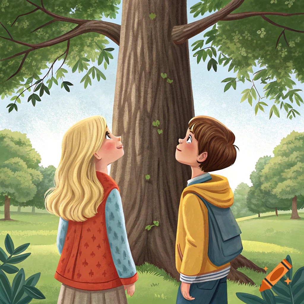 Illustration of two children looking up at a tall tree in a park.