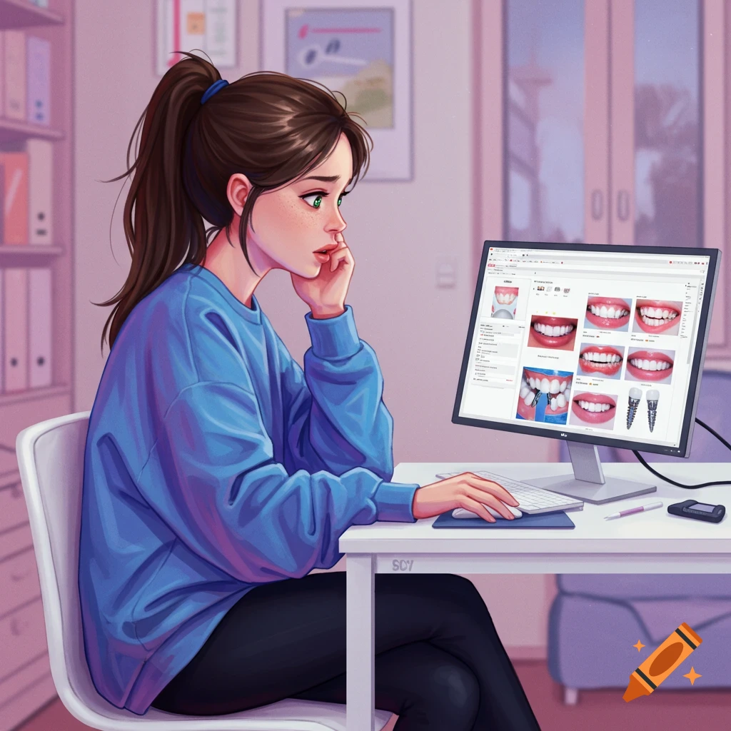 A young woman looks at teeth images on a computer.