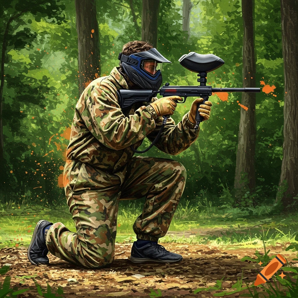 A paintball player kneels and aims a gun in a forest.
