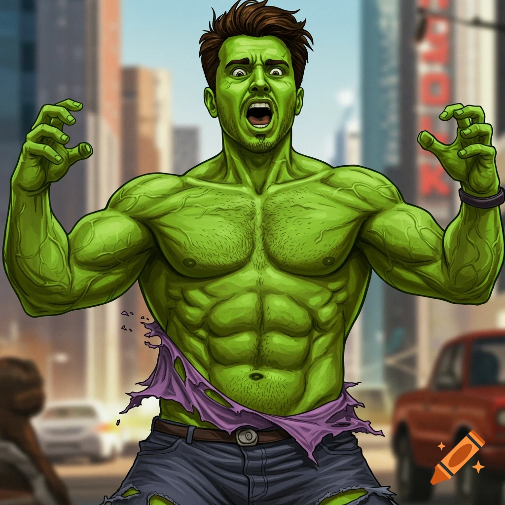 Cartoon illustration of a man transforming into a green, muscular figure with ripped clothes in a city.