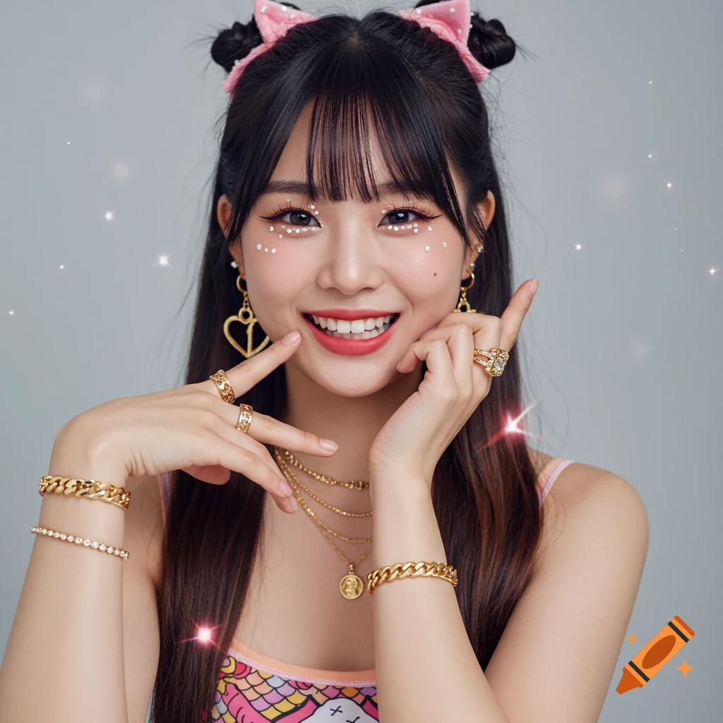 Smiling woman wearing gold jewelry, pink cat ears, and sparkly makeup.