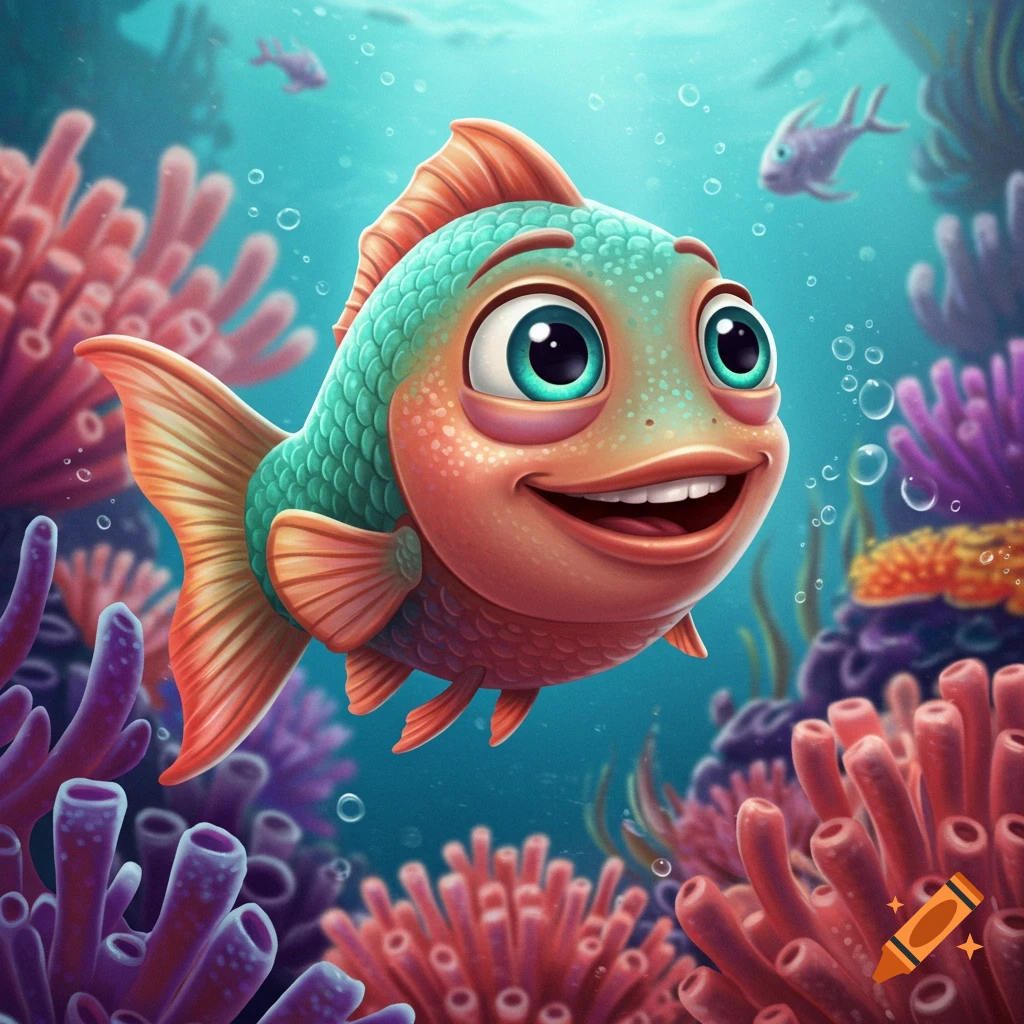 A cute cartoon fish with big eyes swims in a colorful coral reef.