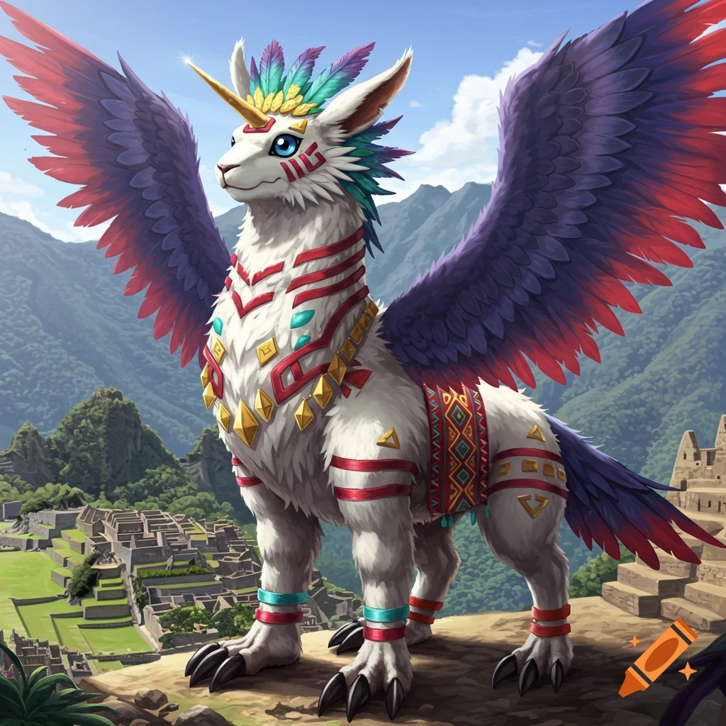 A colorful winged creature with a horn overlooks ancient ruins.