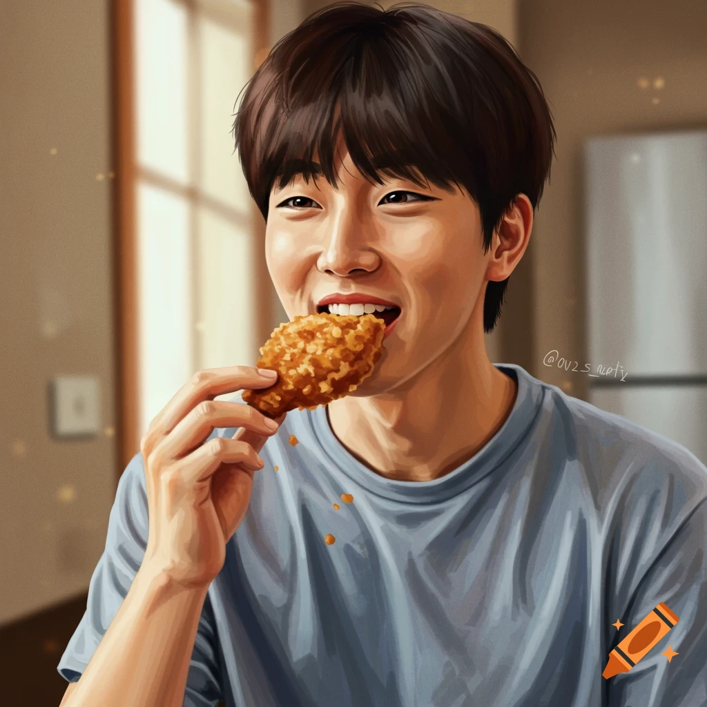 A person is eating fried chicken.