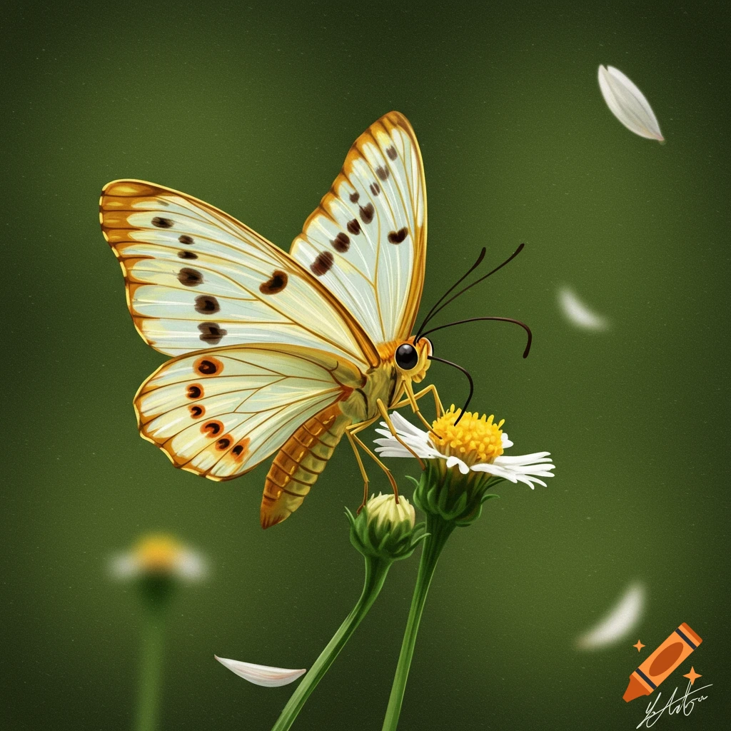 A white and yellow butterfly rests on a white flower against a green background with falling petals.