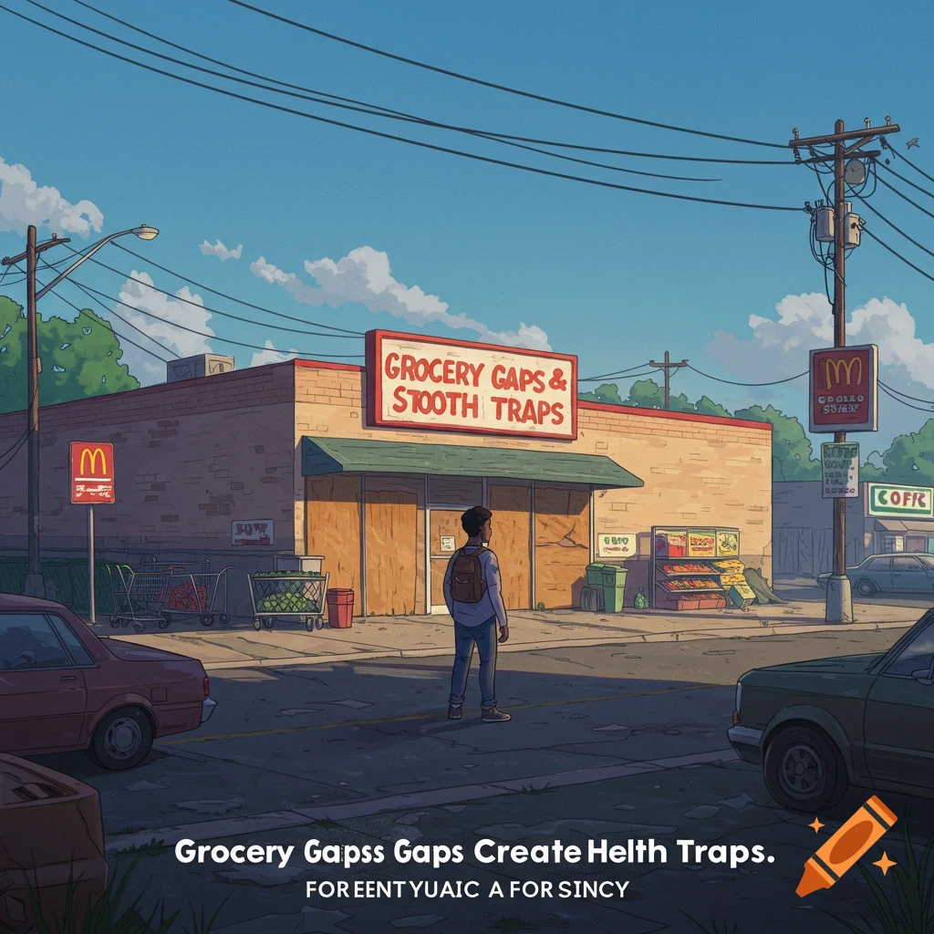 An illustration of a person standing in front of a building with a sign that says "Grocery Gaps & Stooth Traps" in an urban street scene.