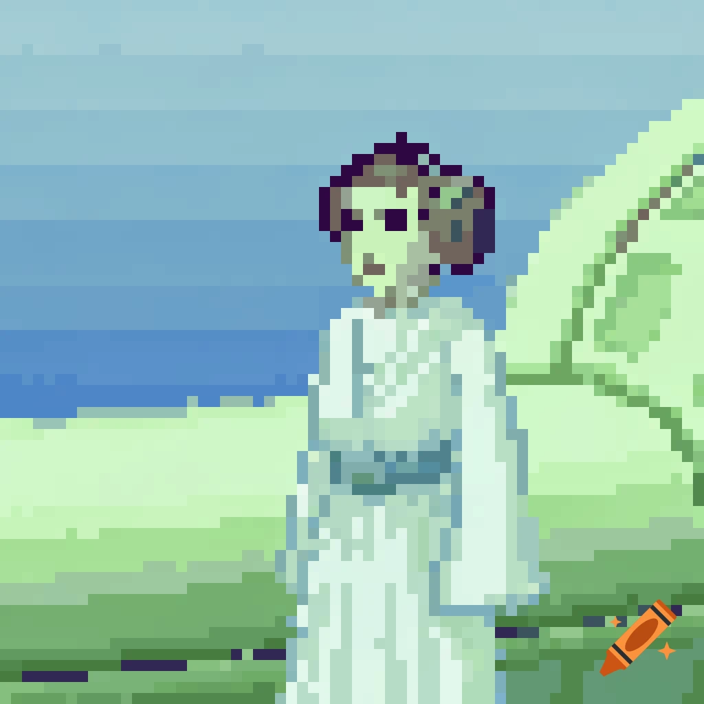 Retro pixel art of Princess Leia standing in a pixelated landscape.