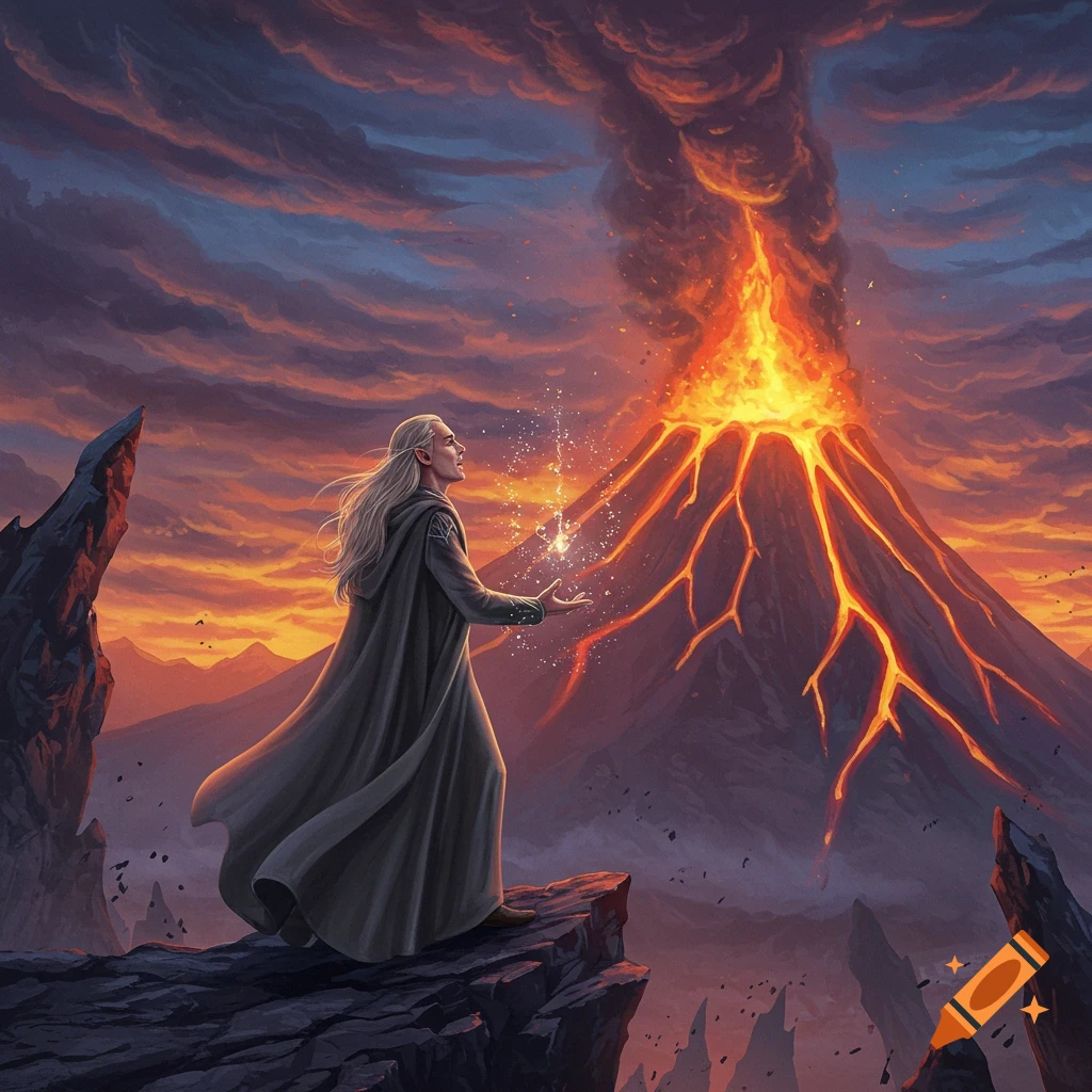 An elf on a cliff overlooking an erupting volcano at sunset.