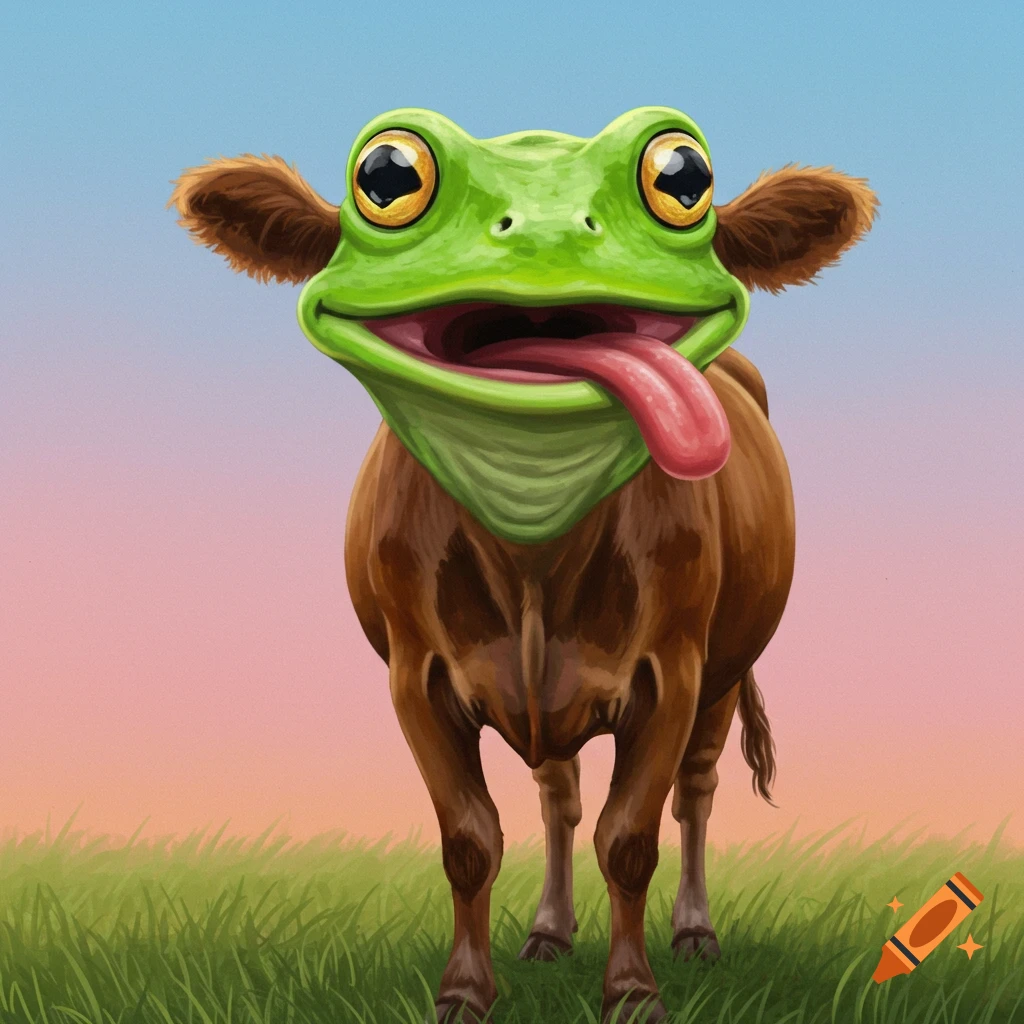 A cow with a large green frog head sticking out its tongue stands in a grassy field under a gradient sky.