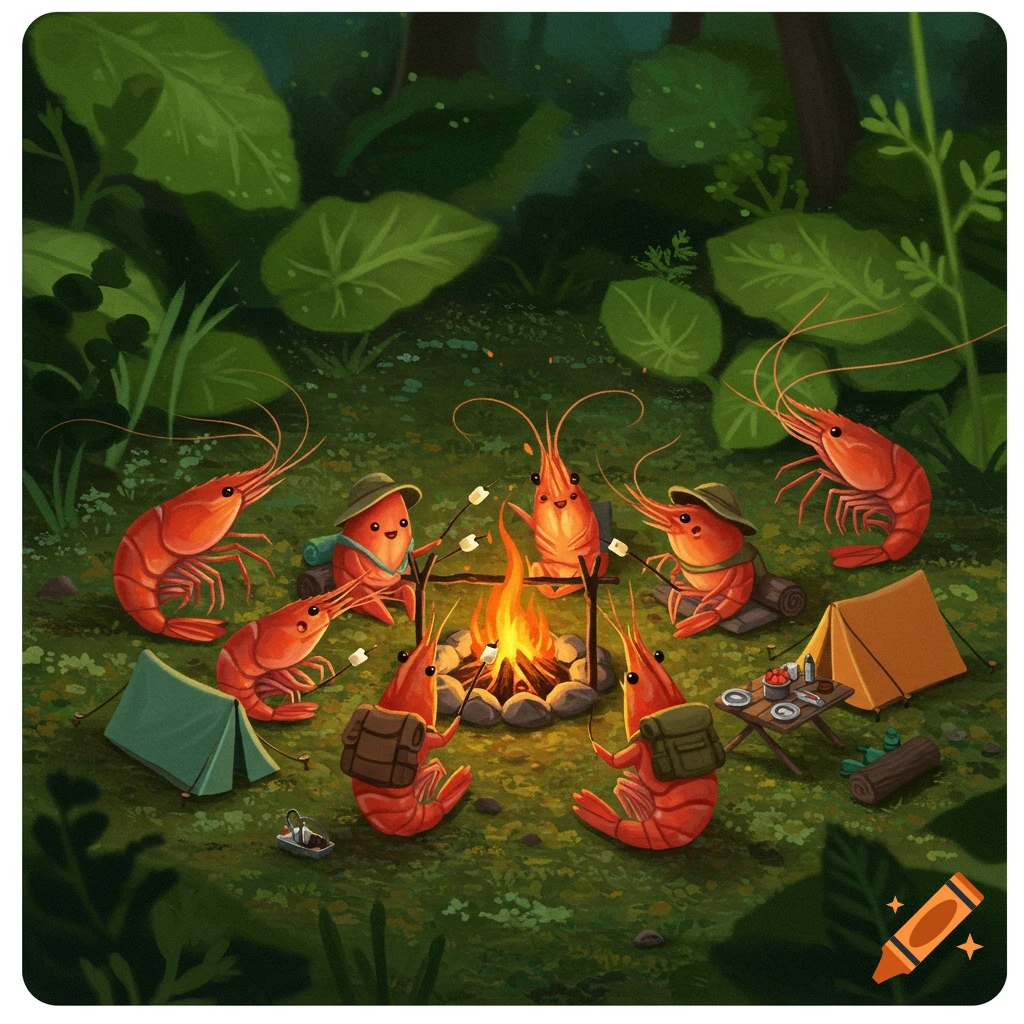 Cute cartoon shrimps camping around a campfire, roasting marshmallows in a forest.