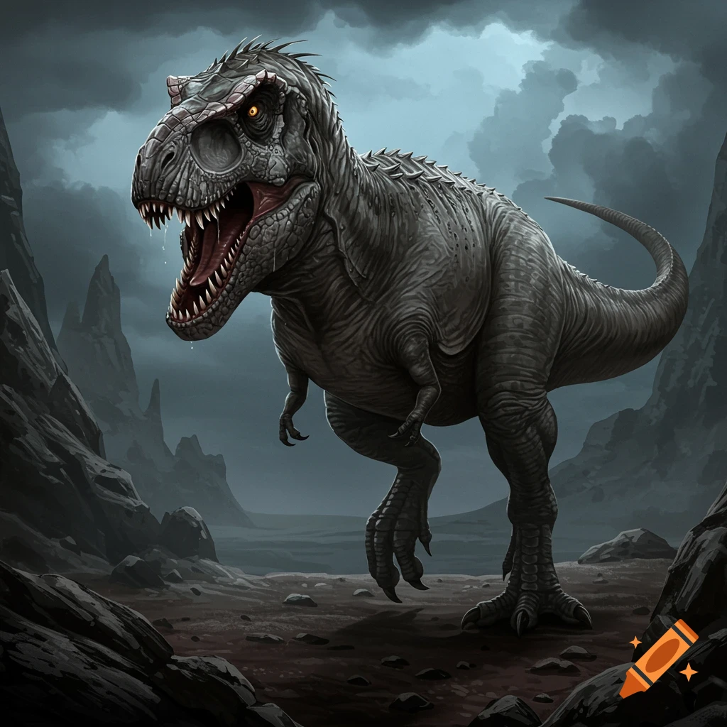 A large, dark Tyrannosaurus Rex in a rocky, dark landscape under stormy skies.