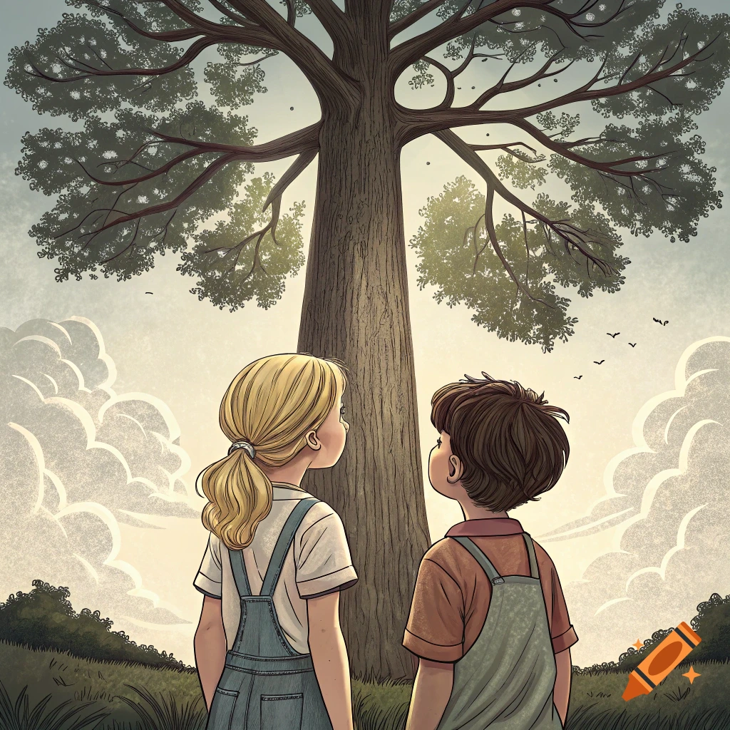 Illustration of a boy and girl looking up at a tall tree.