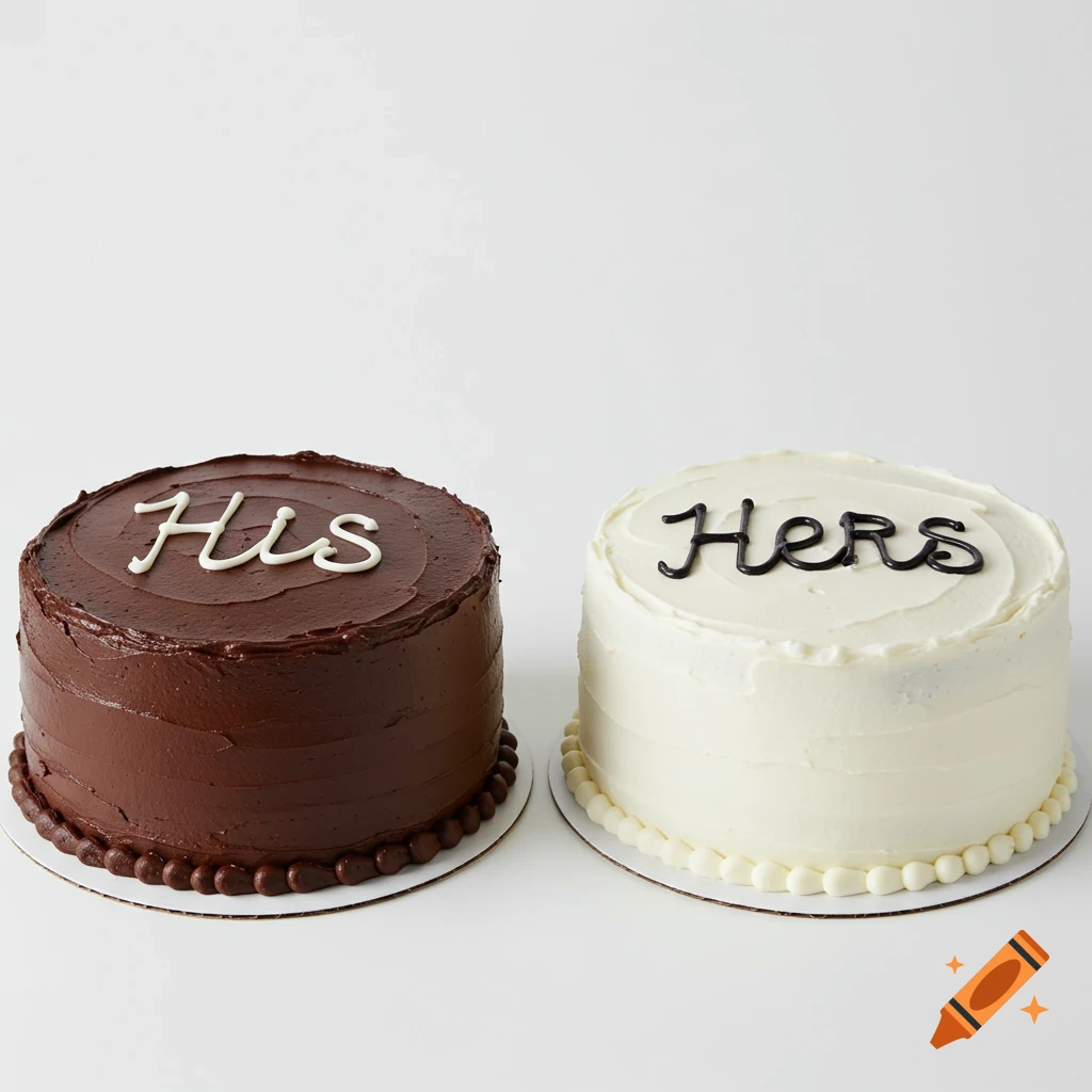 Two cakes on a white background, one chocolate with "His" in white icing, one white with "Hers" in black icing.