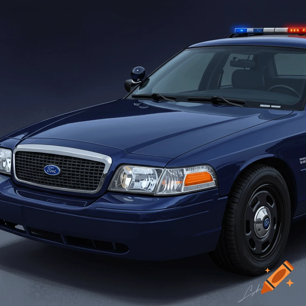A blue Ford Crown Victoria police car.
