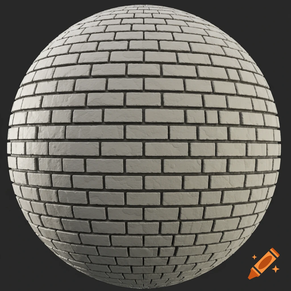 A spherical rendering of a white brick wall texture.