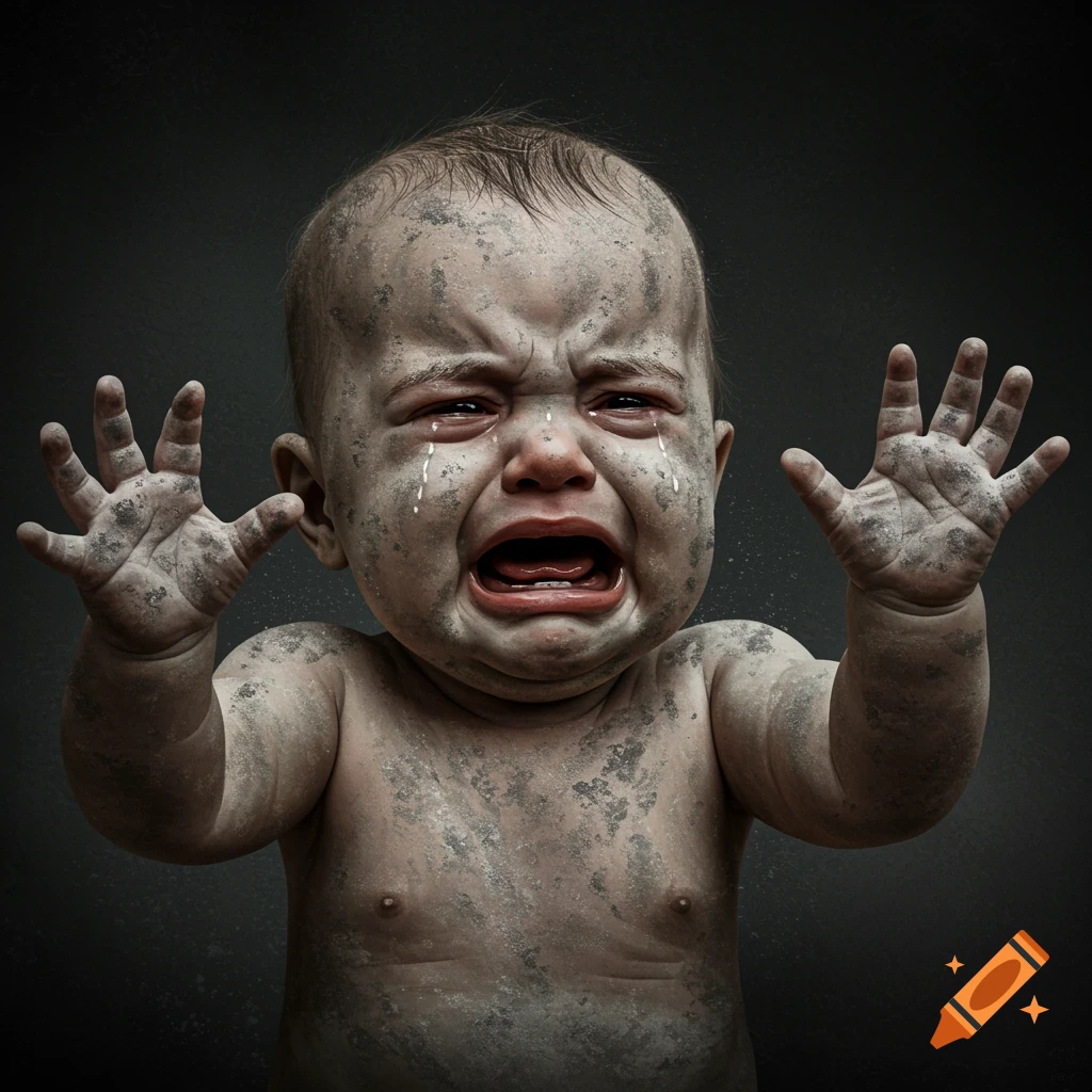 A hyperrealistic image of a crying baby covered in ash with hands raised.