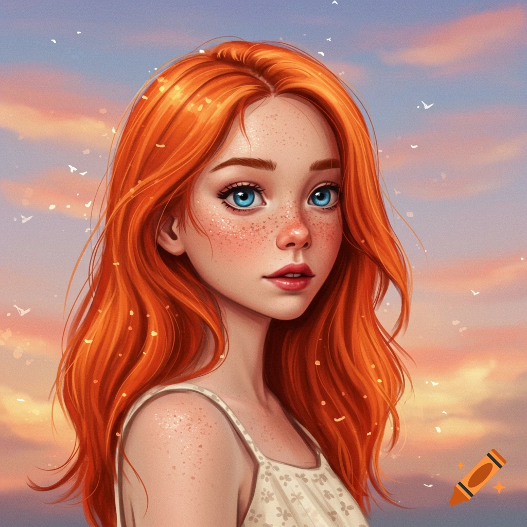 Close-up of a girl with long red hair, freckles, and blue eyes against a sunset sky.