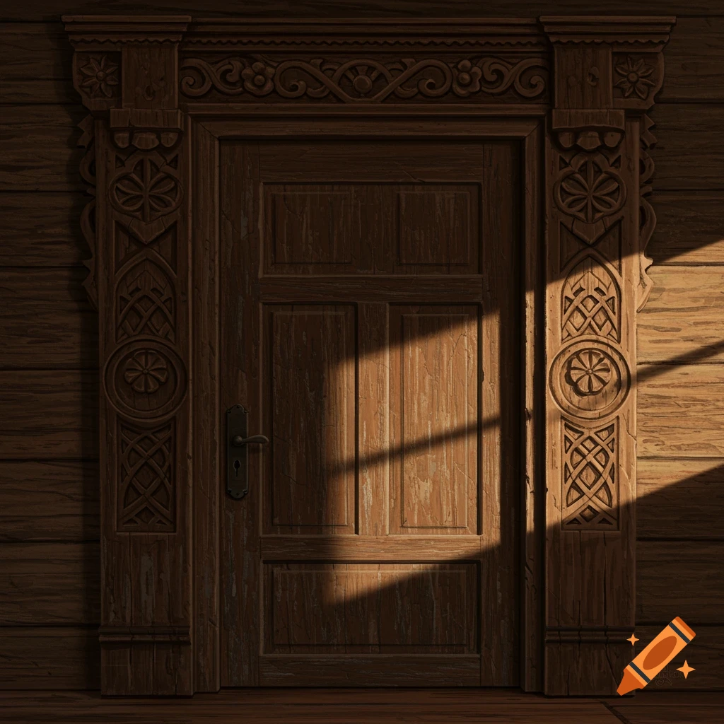Weathered wooden door with intricate carved frame in rustic interior, with light casting shadows.
