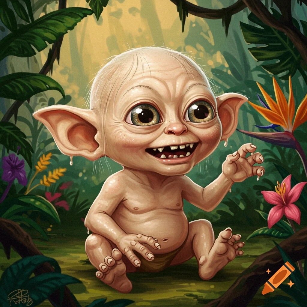 A whimsical illustration of a baby fantasy creature, a Gollum-Yoda hybrid, sitting in a vibrant jungle.