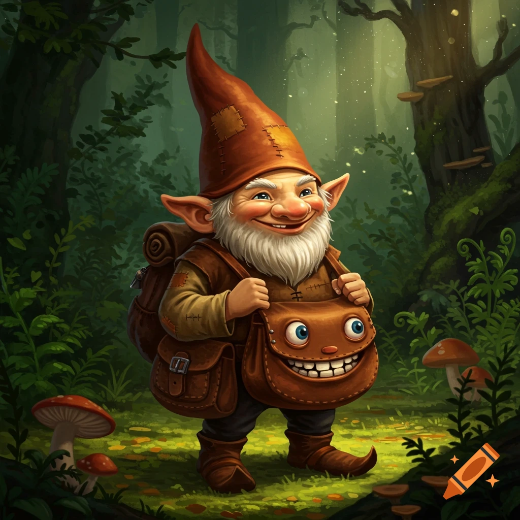 A gnome with a smiling satchel in a forest