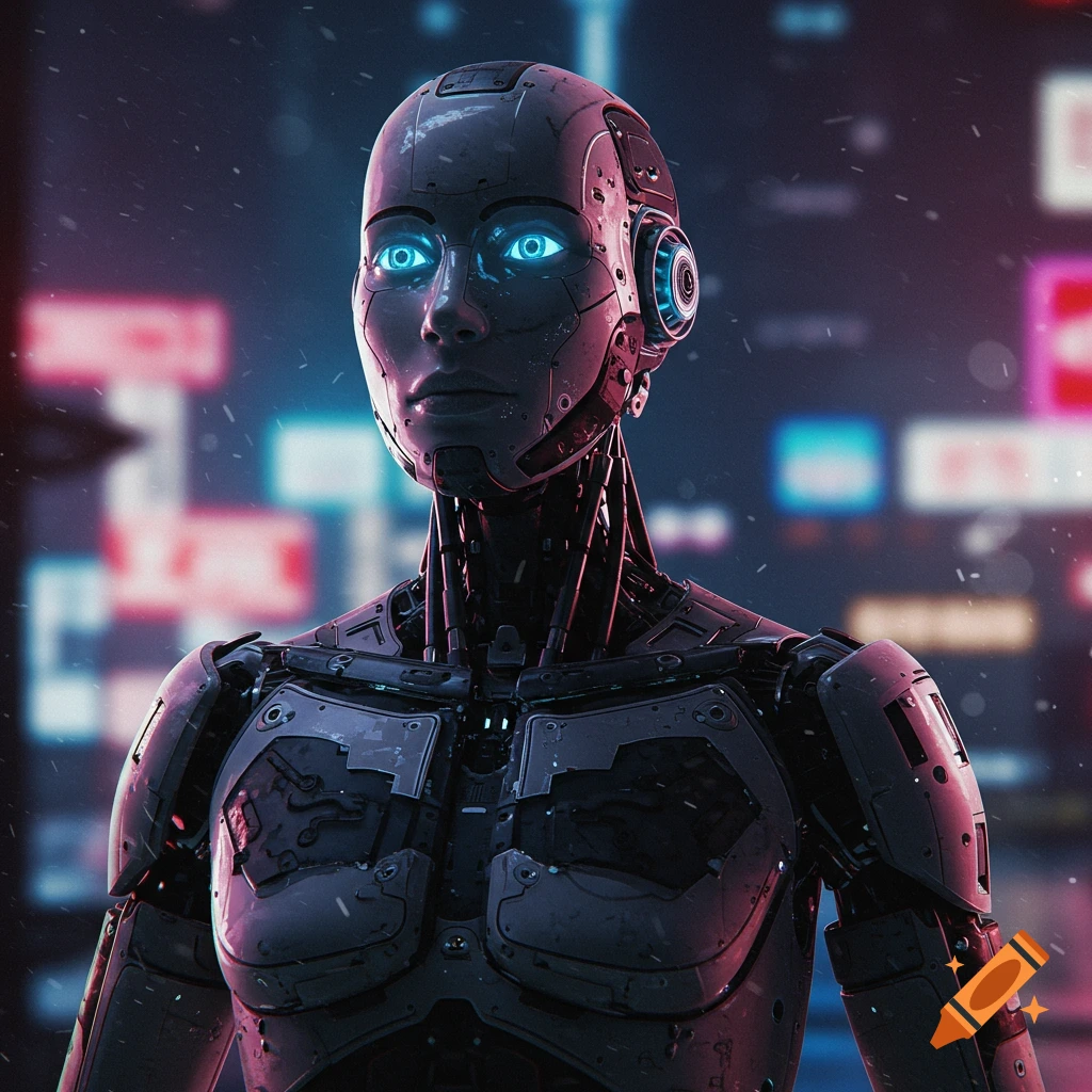 A robot with glowing blue eyes in a futuristic city.