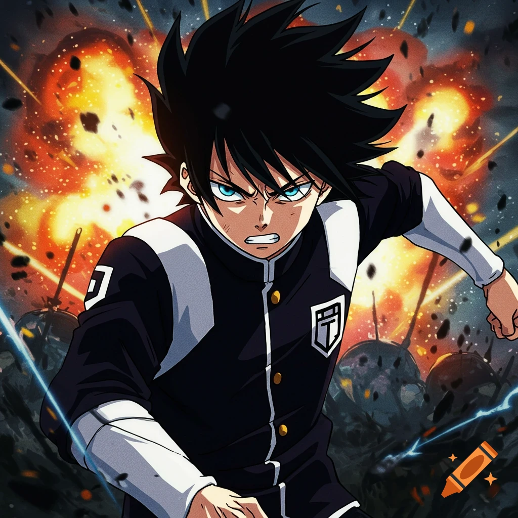 Anime character with black spikey hair and blue eyes in uniform against explosion background.