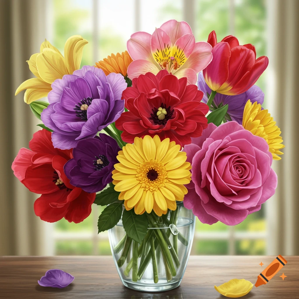 A colorful bouquet of assorted flowers in a glass vase on a wooden table, digitally painted.