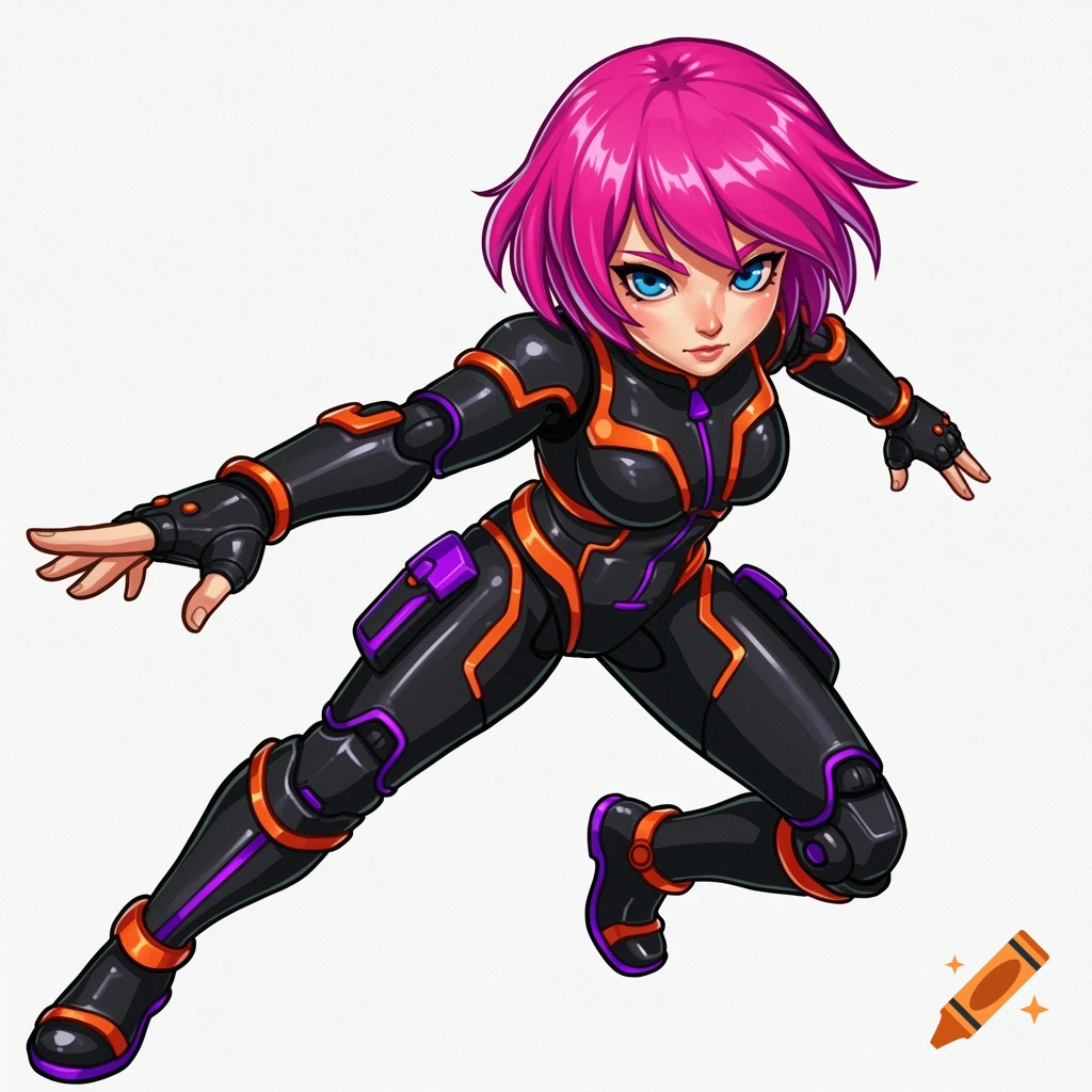 Anime girl with pink hair in futuristic suit in dynamic pose, action figure style