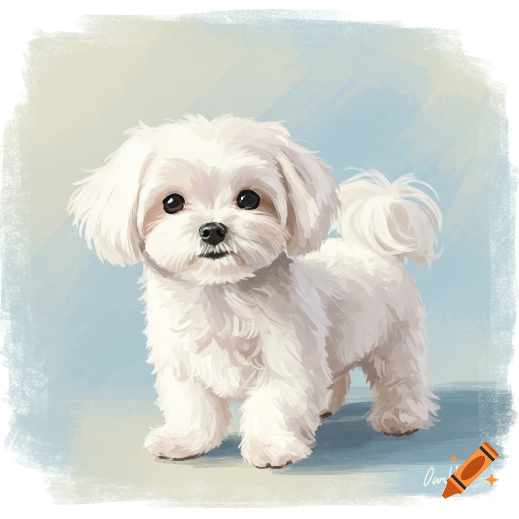 A painting of a white Maltese dog on a light blue background.