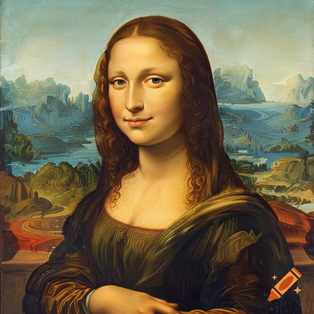 Portrait of a woman in the style of Mona Lisa with a landscape background.
