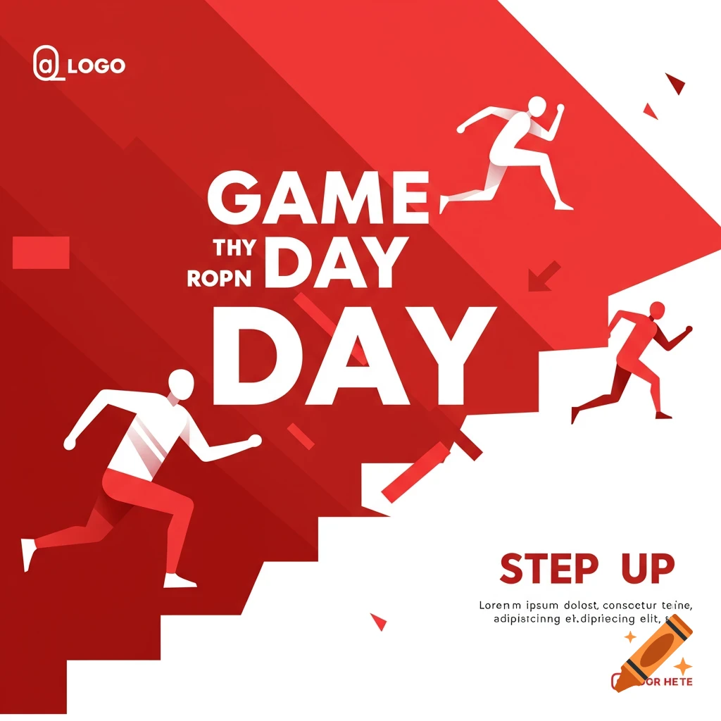 Stylized red and white illustration of people running up stairs with text GAME DAY and STEP UP.