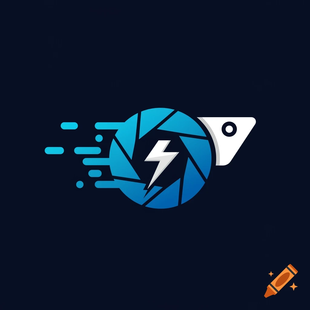 Logo of a blue camera lens aperture with a white lightning bolt and speed lines on a dark background.