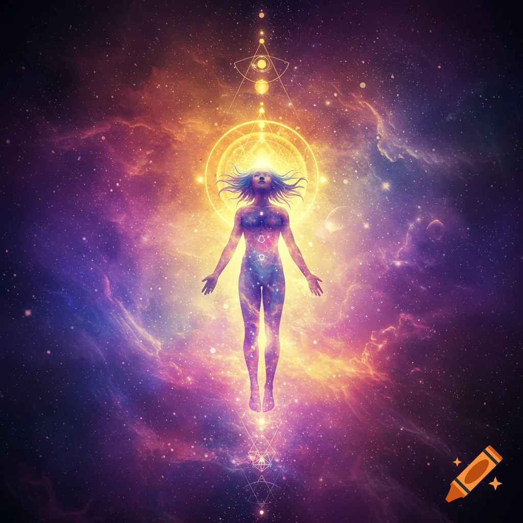 A figure floats in space, surrounded by cosmic colors and geometric patterns.