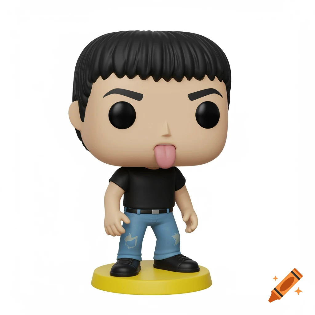A Funko Pop figure with a black mullet, black shirt, and blue jeans, sticking its tongue out on a yellow base.