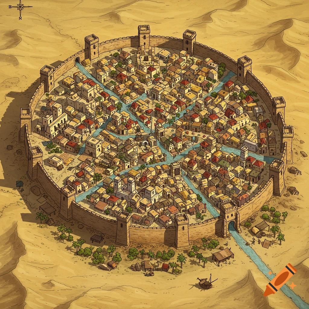 Isometric map illustration of a circular walled desert city with canals, houses, and river, in a fantasy style.