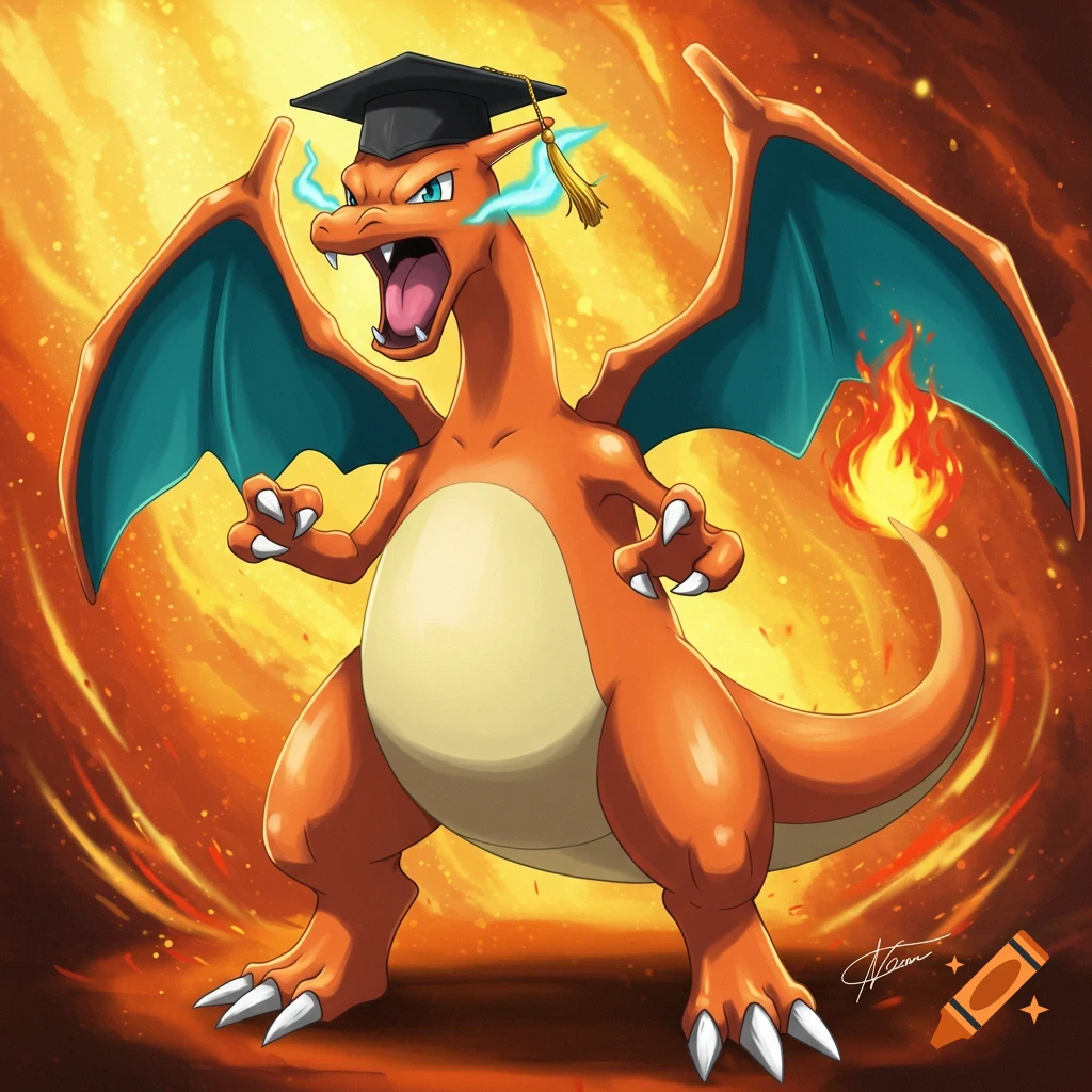 Charizard wearing a graduation hat, surrounded by fire.