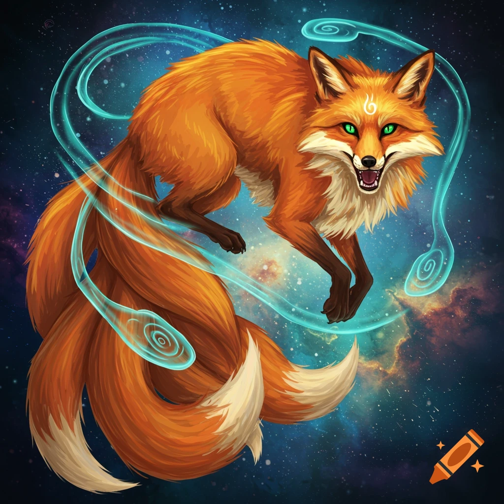 A nine-tailed orange fox with glowing tendrils floats in space.