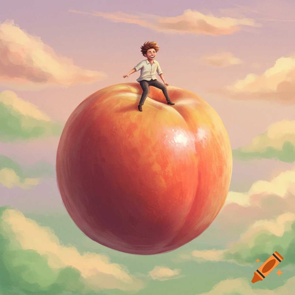 A small person riding a giant peach floating among pink and green clouds.