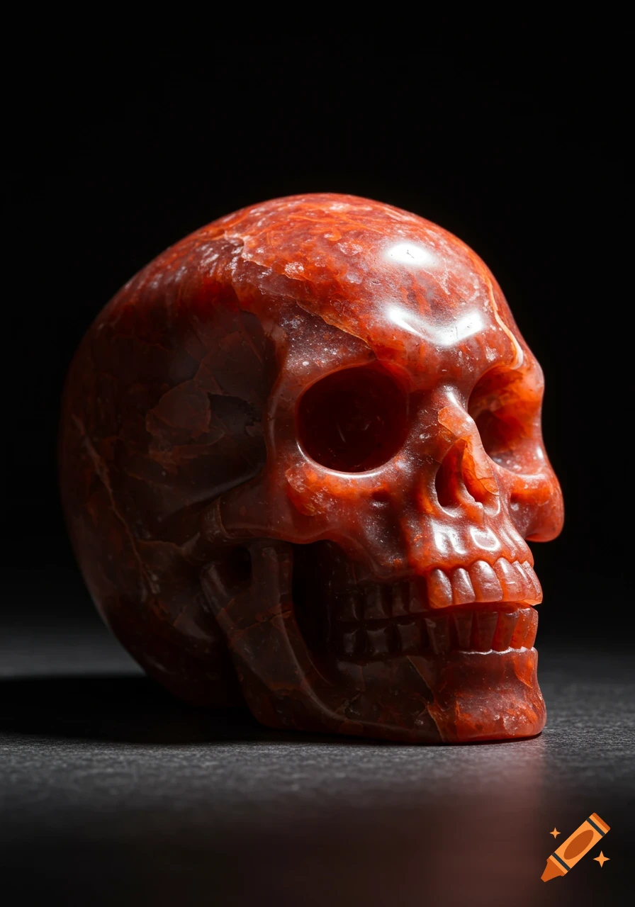 A translucent red crystal skull is shown close up on a dark background.