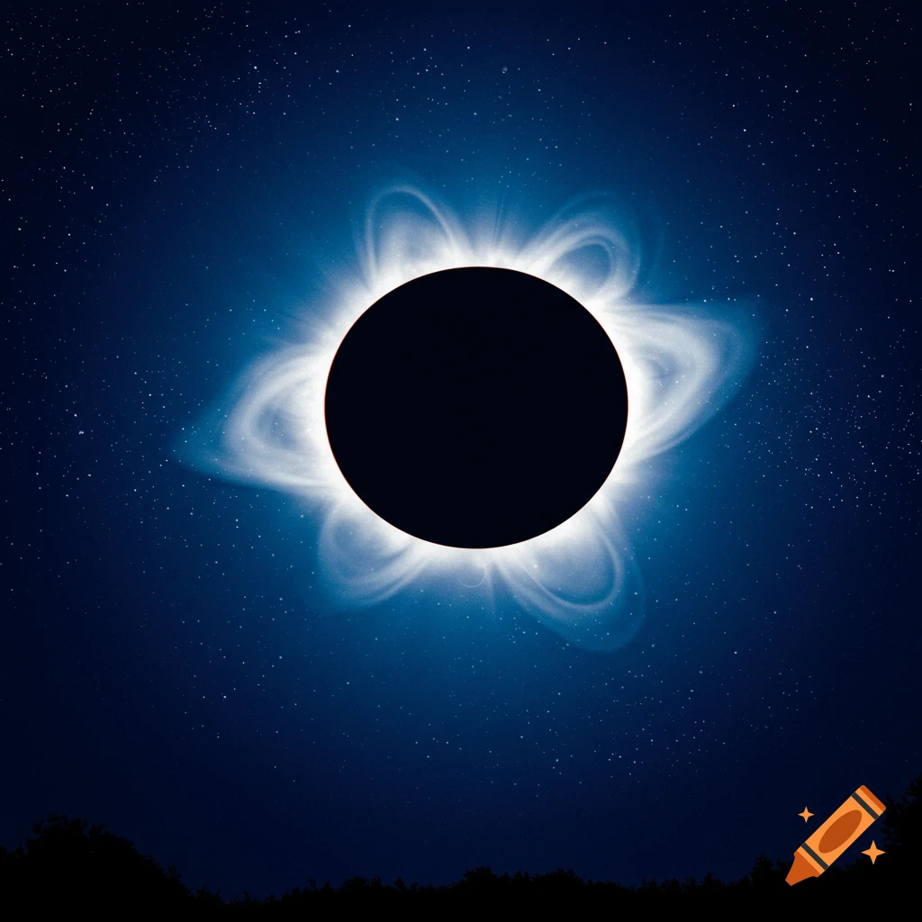 A total solar eclipse with corona visible against a starry blue sky and tree silhouettes below.