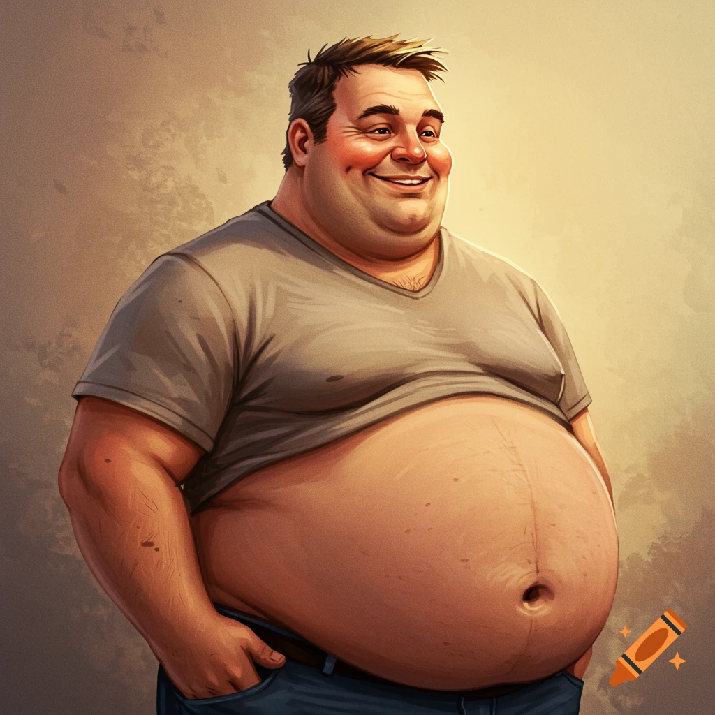 Image of a smiling heavyset man with a large belly, wearing a grey t-shirt and jeans, rendered in warm tones.