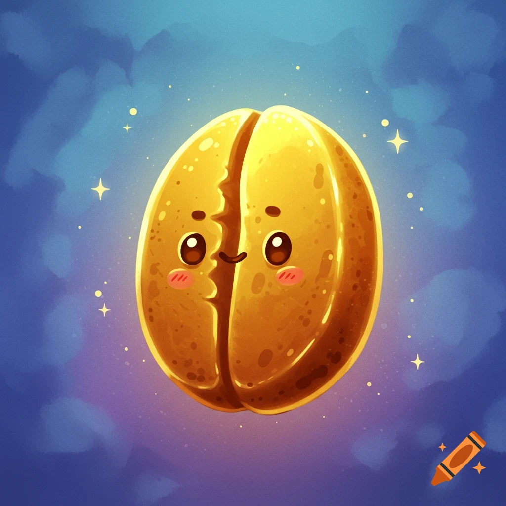 A cute golden espresso bean character floats in a starry, blue and purple sky in a watercolor illustration style.