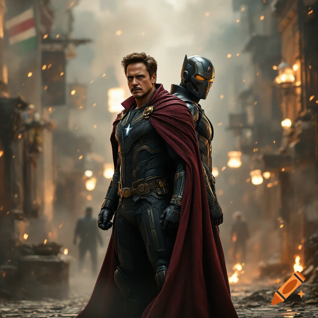 Photorealistic image of two figures, one resembling Robert Downey Jr. in a suit and cape, the other in dark armor, standing back-to-back in a destroyed city street.