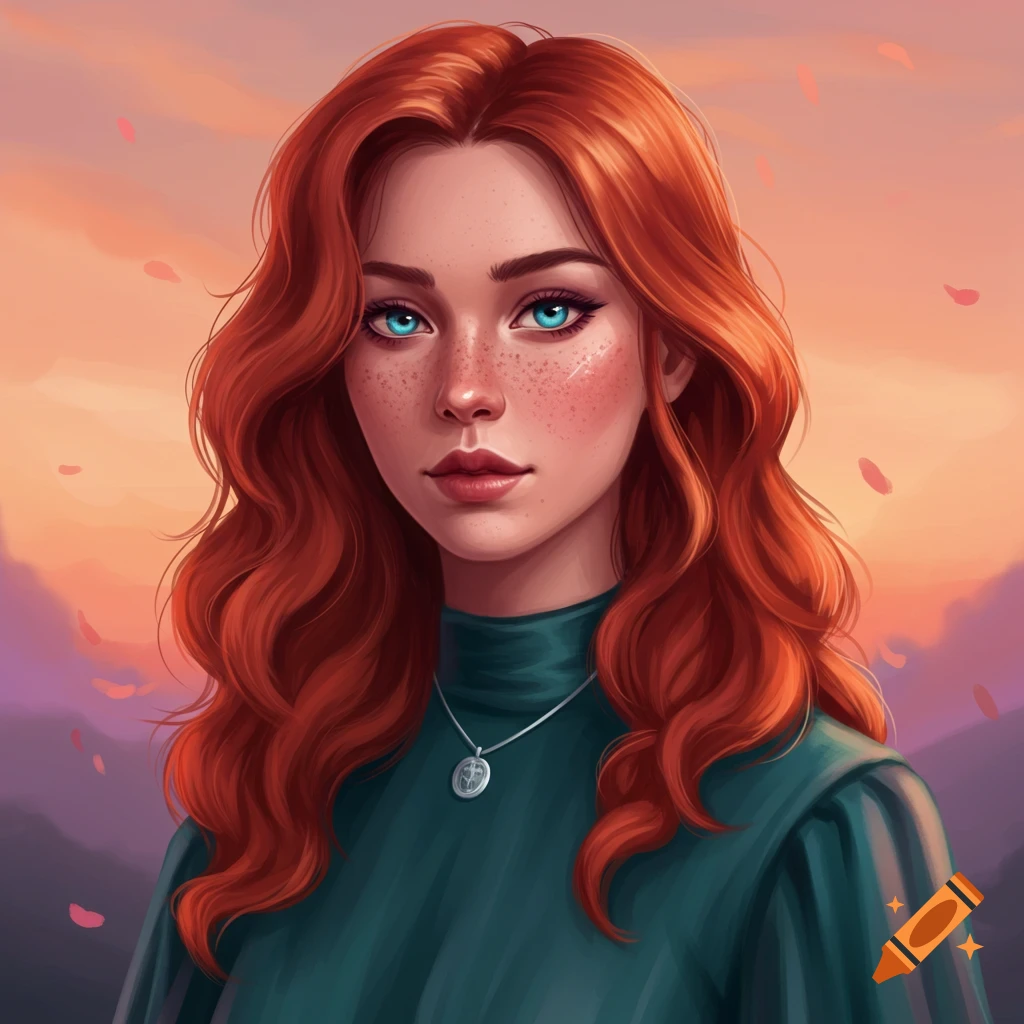 A woman with red hair and freckles wearing a green top stands before a sunset.