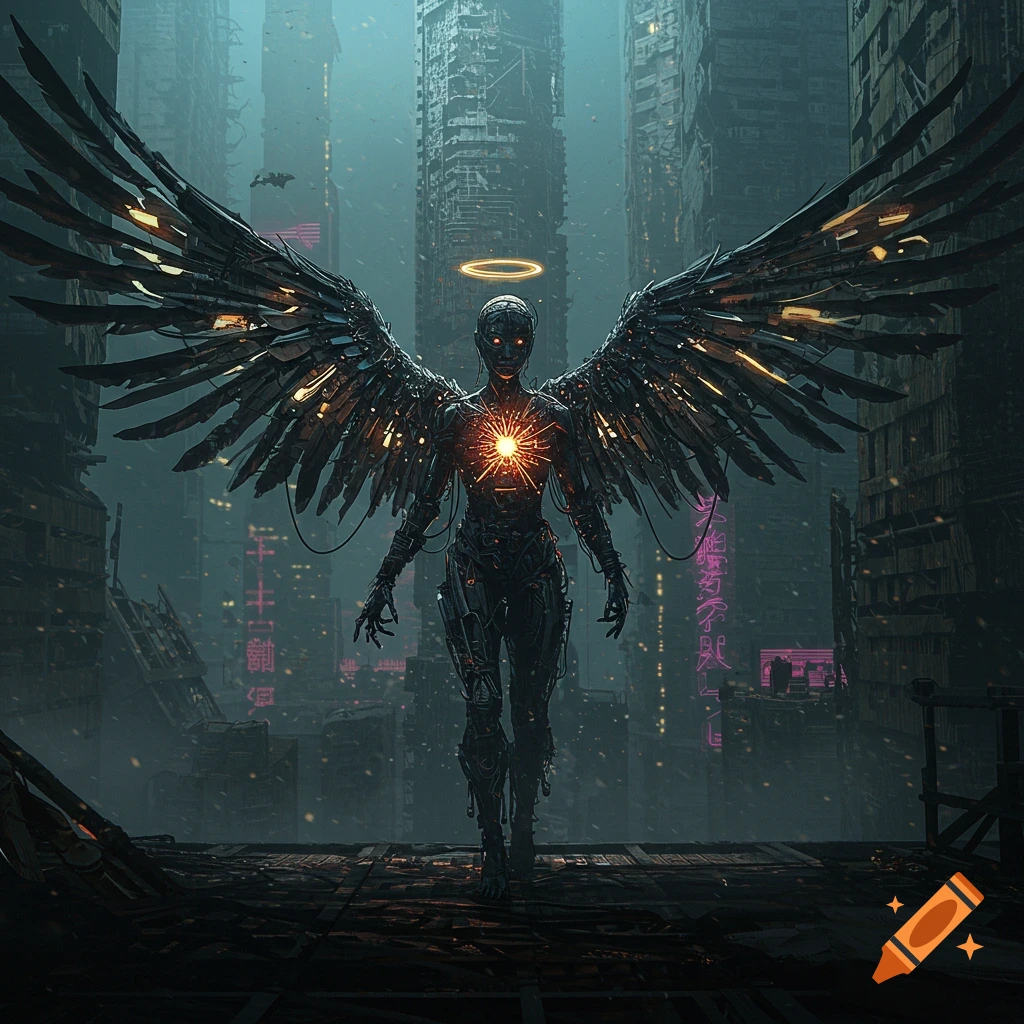 A metal angel with glowing eyes stands in a ruined futuristic city.