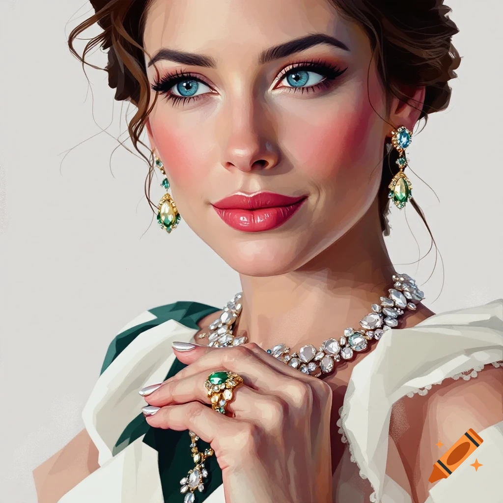 A woman wears elaborate gemstone jewelry.